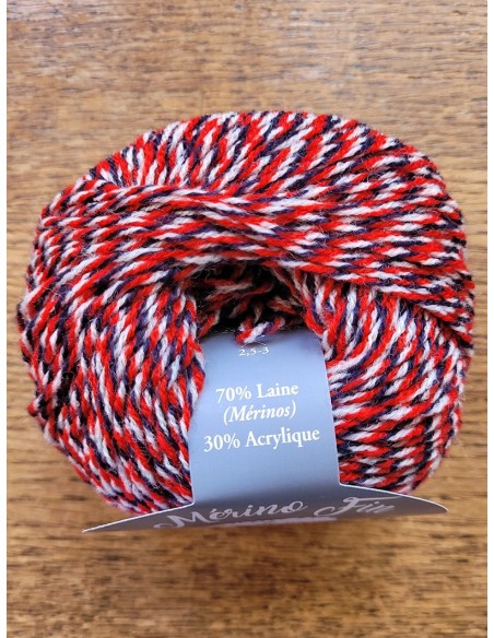 Mérino Fin 024 - Pelote de 25g Multico Rouge/Bleu/Blanc
