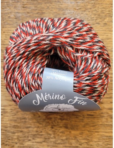 Mérino Fin 165 - Pelote de 25g Multico Gris/Rouge/Beige
